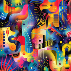 Obraz premium Geometric patterns and line, playful quirky cartoonish illustration, vivid splashing color