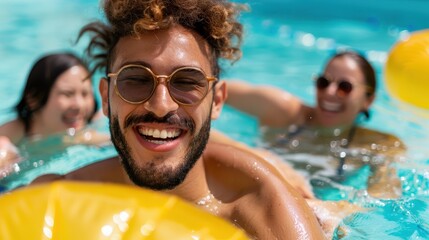 A man, joyfully smiling, is in a pool with two friends in the background, enjoying a sunny day, wearing sunglasses and showcasing the fun and relaxation of summer.