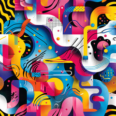Geometric patterns and line, playful quirky cartoonish illustration, vivid splashing color