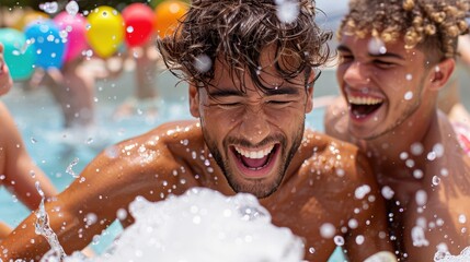 A young man smiles joyfully while splashing water, surrounded by friends having fun at a pool party. The bright setting includes colorful balloons and lively interaction.