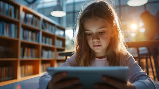 Young girl reading on a tablet in a library at sunset, concentrating amidst bookshelves.