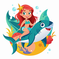 a colorful girl and a shark cartoon isolated  on a white background 