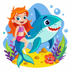 a colorful girl and a shark cartoon isolated  on a white background 
