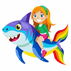 a colorful girl and a shark cartoon isolated  on a white background 