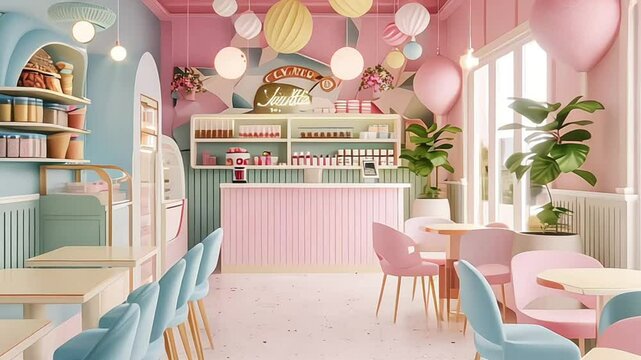 3D cute small pink store building isolated on pastel colour background