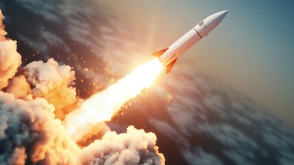Launch scene with a steel rocket taking off, surface shimmering under intense flames, encapsulating the power and excitement of space exploration