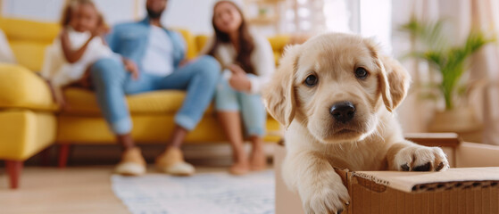 Fototapeta na wymiar Cute golden retriever puppy rests on a cardboard box with family members blurred in the background, evoking a sense of home and new beginnings.