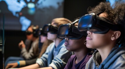 A group of students engaged in a virtual reality experience using headsets in a modern classroom.