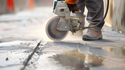 Construction worker wearing safety gear, cutting expansion joint in concrete slab using power saw.