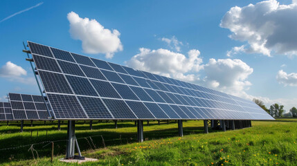 Rows of solar panels installed on a lush green field under a blue sky with fluffy white clouds