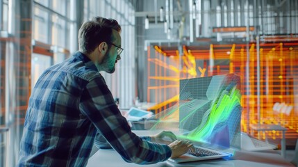 Man Working on Laptop with Holographic Data