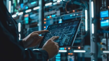 Technician Analyzing Server Room Data on a Tablet