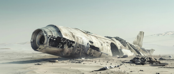 An old, futuristic spacecraft lies desolate in a light, sandy desert, its broken body scattered with debris under a clear, pale sky.