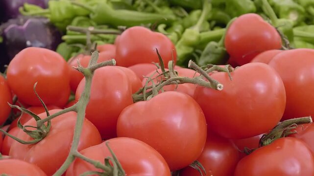 A display of juicy, ripe tomatoes at an Italian market in summer. These vibrant red tomatoes are a cornerstone of Italian cuisine, showcasing the country's dedication to fresh, seasonal produce.