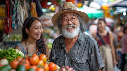 Obraz premium A Thai local tour guide, smiling and passionate, explains the rich history of Old Siam to a couple of eager tourists