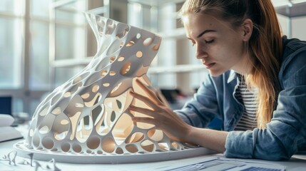 Young Woman Inspecting a 3D Printed Architectural Model