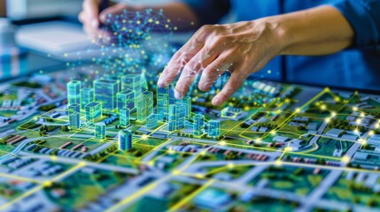 Naklejka premium Hand Interacting with a 3D City Model