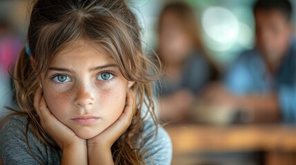 A young girl, looking distressed, blocks her ears while her parents argue in the background