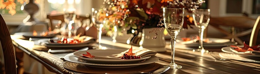 Naklejka premium Elegant autumn table setting with floral centerpiece, fine china, and wine glasses, bathed in warm sunshine for a festive gathering.