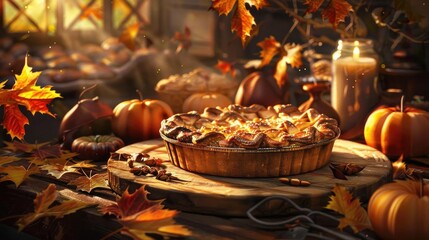 Fototapeta premium Delicious homemade pie placed on wooden table surrounded by pumpkins and autumn leaves, evoking a cozy fall atmosphere.