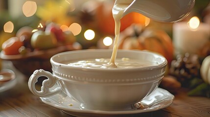 Cozy autumn scene with hot beverage being poured into a white cup, surrounded by fall decor and warm lighting.