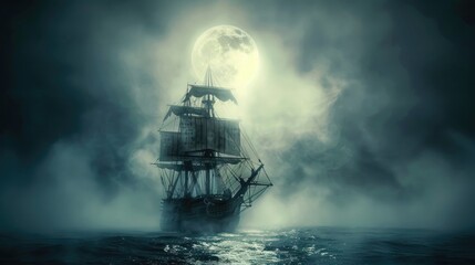 Fototapeta premium Ghost Ship: Sailing Through Foggy Waters Under Dark Sky