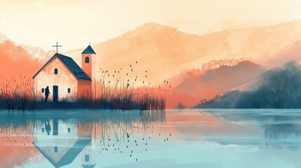 Fototapeta premium Biblical Illustration of Peaceful Lakeside Chapel at Sunrise on Beige Background Tranquility and Reflection Christian Copyspace