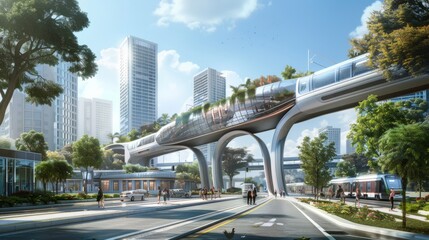 Naklejka premium Futuristic Cityscape with Elevated Transportation System