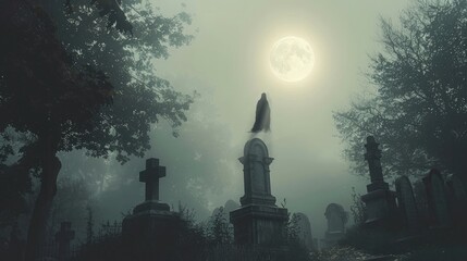 Fototapeta premium Ghostly Figure: Floating Above Grave in Foggy Cemetery with Full Moon