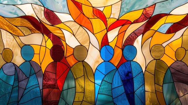 Biblical Illustration of Stained Glass Depicting Pentecost Christian Spirit and Fire Beige Background and Copyspace