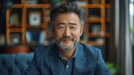 Fototapeta premium An Asian mature businessman, face serious and passionate, delivers a motivational speech during a business conference meeting