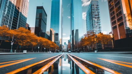 Obraz premium A city intersection where a historic castle stands proudly amidst sleek glass towers, representing the coexistence of past and present in urban development