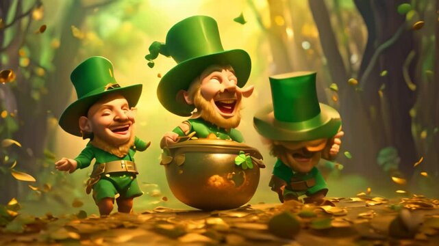 A group of three green leprechaun men are standing next to a pot of gold, Leprechauns dancing around a pot of gold