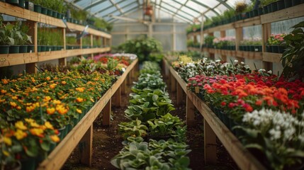 Fototapeta premium Greenhouse and Nursery: Cultivates and sells an array of plants, flowers, shrubs, and gardening supplies, catering to gardening enthusiasts with expert advice and quality products. 