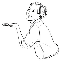 girl smiling shows something pose line art cartoon illustration