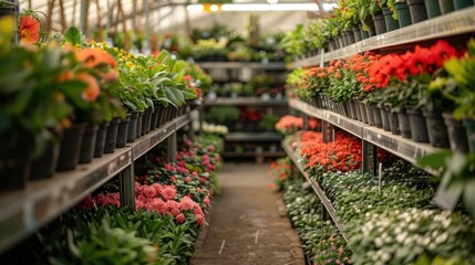 Fototapeta premium Greenhouse and Nursery: Specializes in growing and selling plants, flowers, shrubs, and gardening supplies, offering expert landscaping advice and services. 