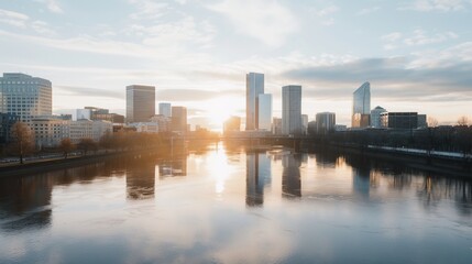 Obraz premium A serene city skyline during golden hour, with skyscrapers and historic buildings blending harmoniously, soft sunlight bathing the entire scene, and a bustling riverfront promenade