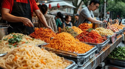 Obraz premium Asian tourists, eyes wide with excitement, take photos of their colorful street food meal before eating, embracing the experience