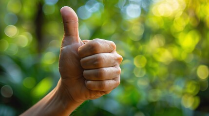 Thumbs up gesture against green bokeh background.