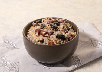 Close-up of boiled five grain rice with Glutinous rice, black bean, Red bean, sorghum and millet on...