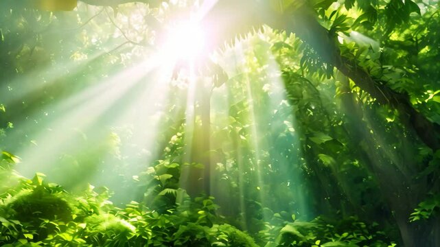 A dense forest with an abundance of vibrant green trees, with sunlight filtering through the canopy, Light filtering through the canopy, illuminating the moss below