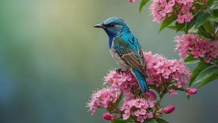 lilac roller on a branch and pink color flower beautiful wings