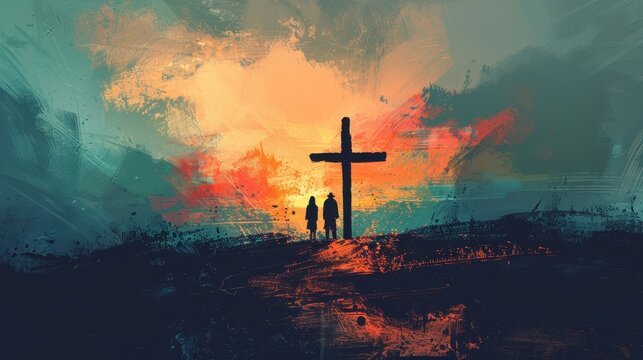 Biblical Illustration of Cross Silhouetted by Vibrant Sunrise Christian Hope and New Day Beige Background and Copyspace