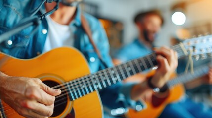 Obraz premium The image shows two musicians passionately playing acoustic guitars in a lively and vibrant setting, capturing the essence of musical creativity and performance.