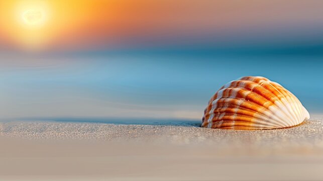 Close-up of a seashell on a sandy beach at sunset, with a soft focus on the serene ocean background creating a tranquil and peaceful scene.