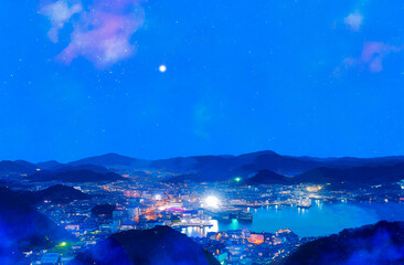 Naklejka premium 展望台から見る夜景の水彩画