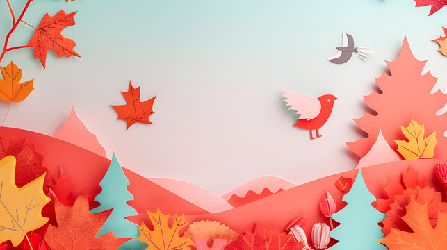 Autumn forest with colorful leaves and brds on pastel autumn background - Powered by Adobe