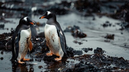 Fototapeta premium Two penguins standing on rocky shoreline, with water in the background. Captured in a natural habitat, showcasing wildlife interaction.