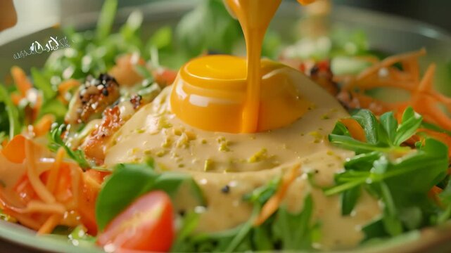 Tangy dressing being drizzled over a fresh salad in a white bowl, Light, tangy dressing drizzled over the top