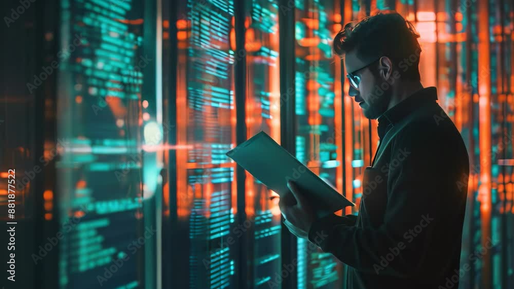 Poster a man standing in front of a wall filled with data, analyzing information, limiting access to sensit
